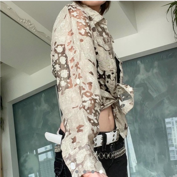 Floral Button up Blouse Shirt Floral Transparent - Picture 4 of 8